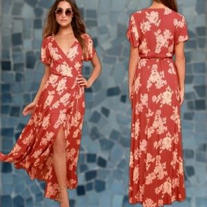 Lulus Heart Of Marigold Floral Wrap Dress in Rust